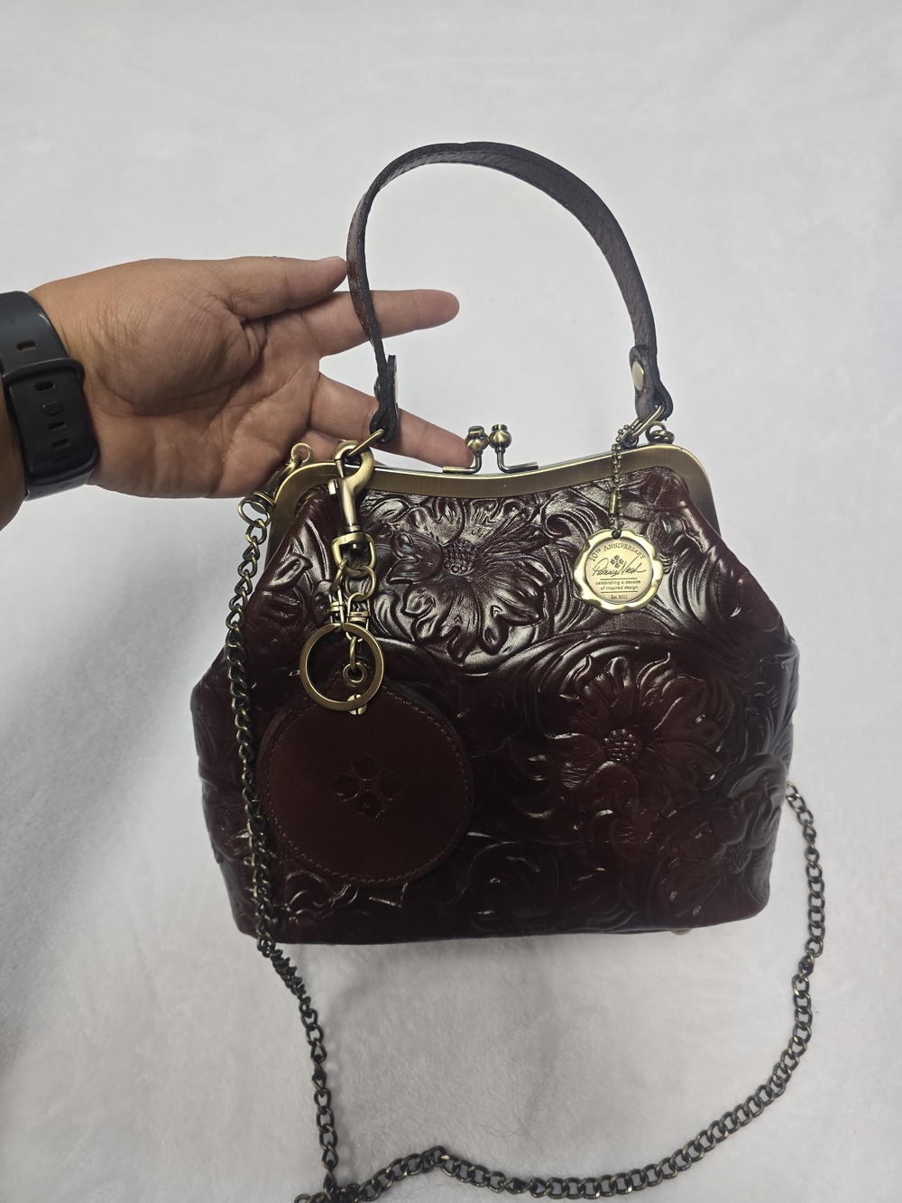 Patricia Nash Leather Laurena Frame Bag with Mirror Fob BritishTan 10th Ann. - Picture 2 of 7